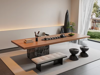 Minimalist Tea Room Interior With Long Wooden Table Bench And Green Plants 3d model