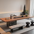 Minimalist Tea Room Interior With Long Wooden Table Bench And Green Plants