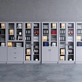 Modern Gray Bookcase With Multiple Compartments Books Folders Potted Plants And Glass Doors