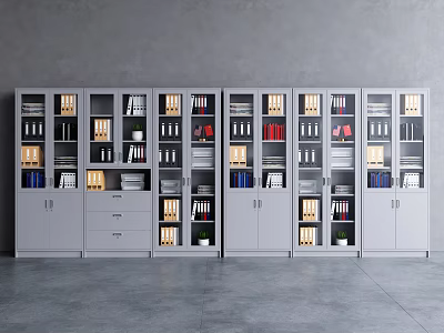 Modern Gray Bookcase With Multiple Compartments Books Folders Potted Plants And Glass Doors 3d model