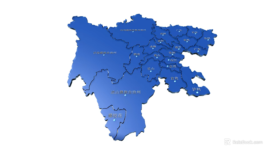 Blue Detailed Map Wall Decor With Regional Labels And City Names 3d model 