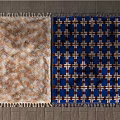 Square Rugs With Beige Brown Diamond Pattern And Blue White Brown Cross Design Fringed Edges