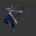 Animated Archer Character In Blue Orange Outfit Jumping While Drawing Bow
