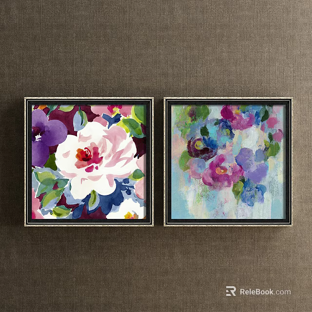 Two Framed Botanical Paintings with Colorful White Rose Purple Pink Blue Flowers on Brown Wall 3d model 