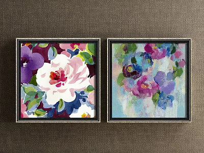 Two Framed Botanical Paintings with Colorful White Rose Purple Pink Blue Flowers on Brown Wall 3d model