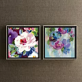 Two Framed Botanical Paintings with Colorful White Rose Purple Pink Blue Flowers on Brown Wall