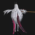 Fantasy Female Character With Long White Hair Pink White Outfit Horns Wings And Ornate Weapon 3d model