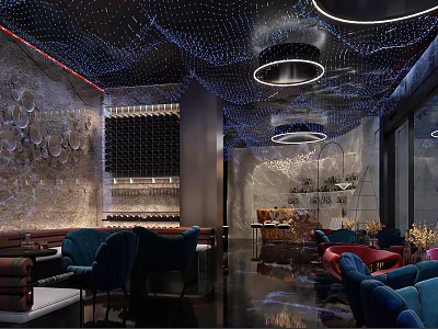 Modern Luxury Clubhouse Interior With Blue Chairs Round Chandeliers And Marble Accents 3d model