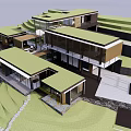 Modern Vacation Villa Building with Green Roof Glass Walls Wooden Walkway on Sloped Waterfront Terrain