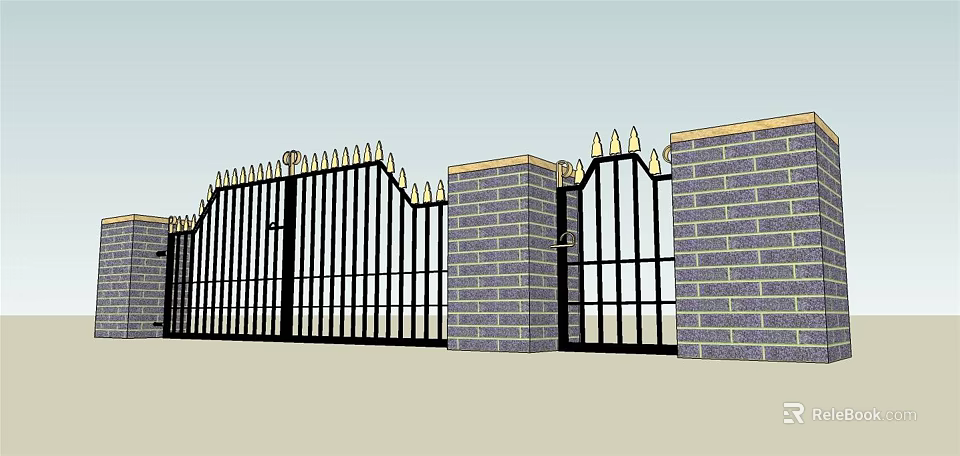 Sturdy Iron Entrance Gate With Brick Pillars And Spiked Tops Design 3d model 
