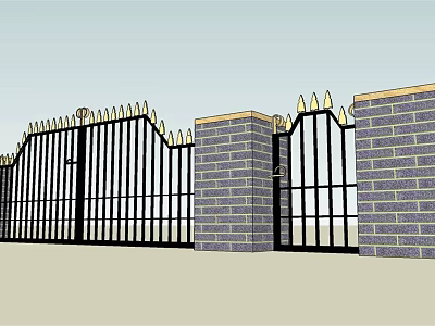 Sturdy Iron Entrance Gate With Brick Pillars And Spiked Tops Design 3d model