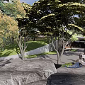 Garden Landscape Design Featuring Trees Paved Pathway Wooden Pavilion and Water Feature