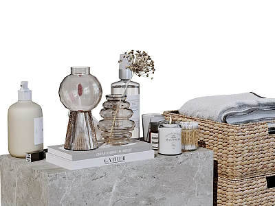 Bathroom Accessories With Hand Soap Dispenser Glass Bottle Candle Towels Wicker Basket On Marble Countertop 3d model