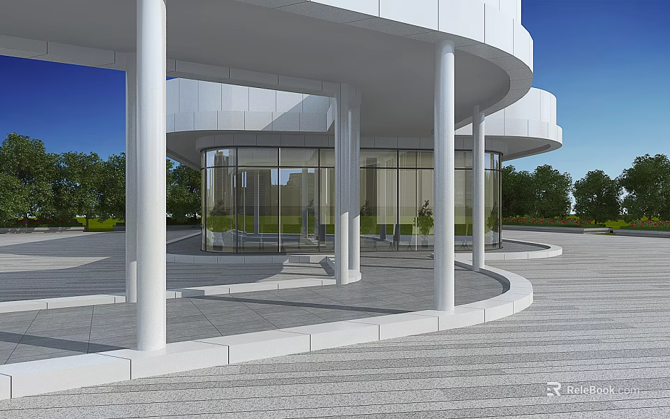 Modern Landscape Architecture With White Circular Building Large Glass Windows White Columns And Surrounding Trees 3d model 