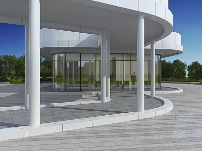 Modern Landscape Architecture With White Circular Building Large Glass Windows White Columns And Surrounding Trees 3d model