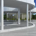 Modern Landscape Architecture With White Circular Building Large Glass Windows White Columns And Surrounding Trees