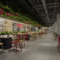 Spicy Hotpot Restaurant Modern Interior Lobby Area with Green Plants Blue Wall Gold Dots Decor