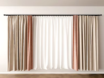 Beige White And Brown Curtains Hanging On Black Rod Against White Wall With Wooden Floor 3d model