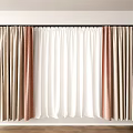 Beige White And Brown Curtains Hanging On Black Rod Against White Wall With Wooden Floor