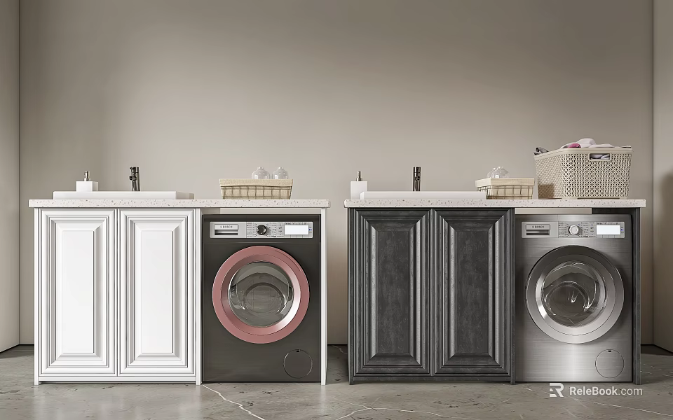 White and Dark Wood Bathroom Cabinetry with Sink Faucet Washing Machine and Storage Accessories 3d model 