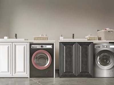 White and Dark Wood Bathroom Cabinetry with Sink Faucet Washing Machine and Storage Accessories 3d model