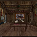 Traditional Chinese Interior With Wooden Walls Long Table Benches And Decorative Paintings