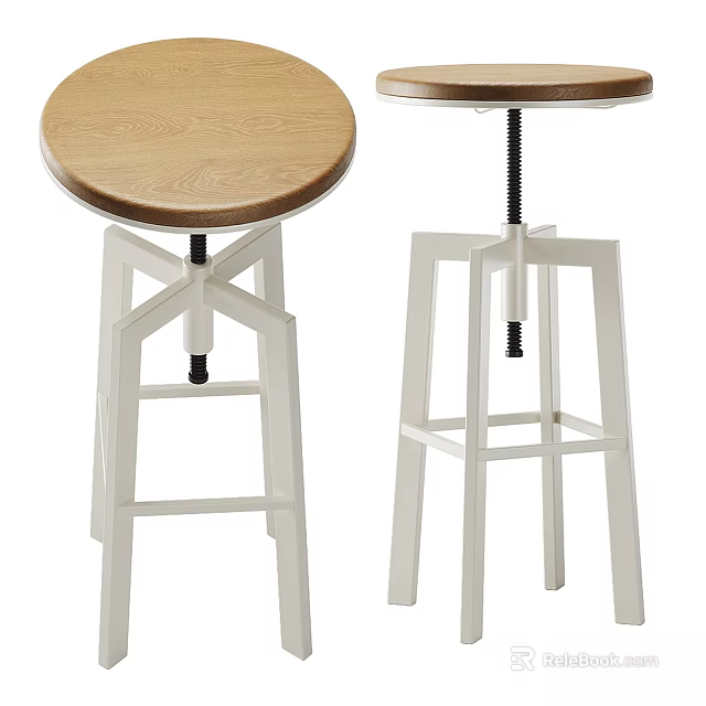 Modern Bar Stools With Wooden Round Seat And Adjustable White Frame 3d model