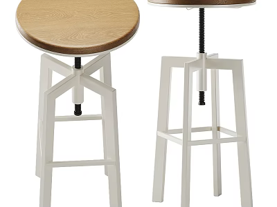 Modern Bar Stools With Wooden Round Seat And Adjustable White Frame 3d model