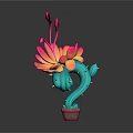 Cartoon Cactus Character With Colorful Pink Yellow Flowers And Green Stem In Red Pot