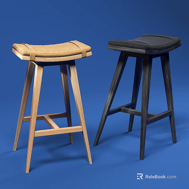 Modern Wooden Bar Stools With Padded Seats In Light And Dark Colors 3d model 