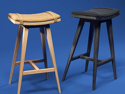 Modern Wooden Bar Stools With Padded Seats In Light And Dark Colors 3d model