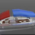 Stylish Recreational Boat Featuring White Hull Red and Blue Canopies with Comfortable Interior Seating