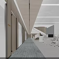 Modern Office Interior With Corridor Wooden Doors Glass Partitions Pendant Lights Workstations Computers Office Chairs