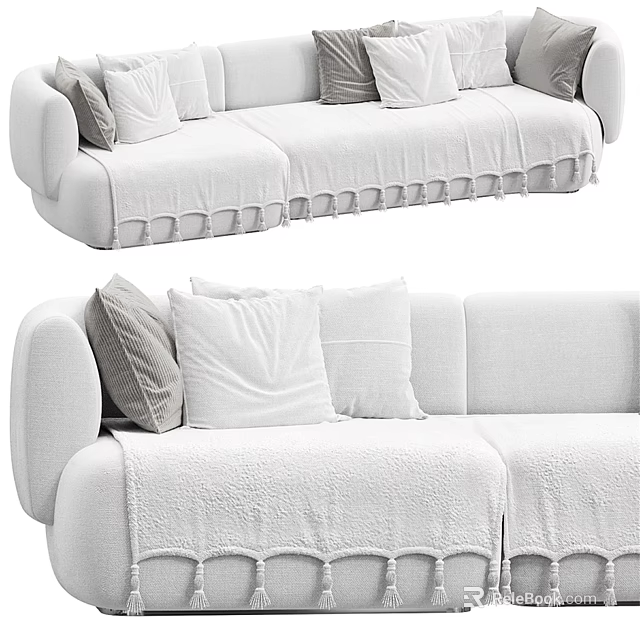 Plush White Sectional Sofa with Multiple Pillows and Ruffled Edge Throw Blanket 3d model 
