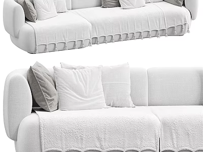 Plush White Sectional Sofa with Multiple Pillows and Ruffled Edge Throw Blanket 3d model