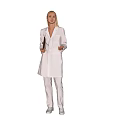 Smiling Woman In White Long Coat And Pants Standing Against Black Background With Hanging Hands