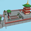 Cartoon Chinese Tower Scene With Green Roofs Red Decorations Stone Pavilions And Steps