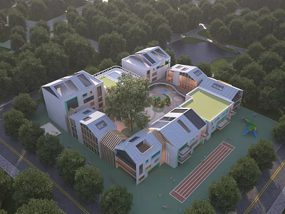 School Building Complex With Circular Layout Central Green Courtyard Track Field And Trees 3d model