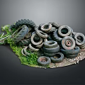 Abandoned Old Tires Stacked Together With Green Grass And Dirt Around
