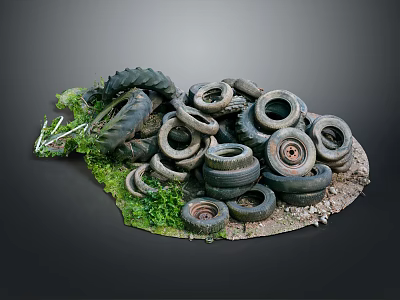 Abandoned Old Tires Stacked Together With Green Grass And Dirt Around 3d model