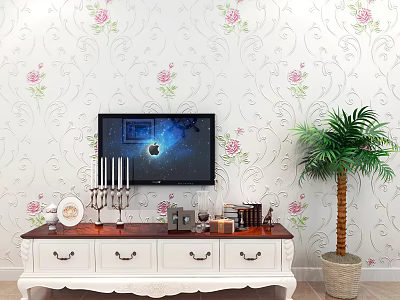 White TV Stand with Drawers TV Decorations and Palm Tree Against Floral Wallpaper 3d model