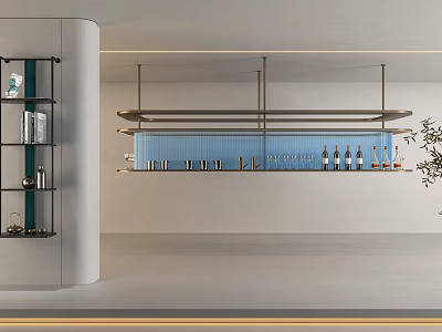 Modern Interior Design With Wine Cabinet And Floating Glass Shelves Displaying Stylish Bottles 3d model