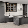 Modern Kitchen With Dark Gray Cabinets Marble Countertop Wine Rack And Brick Wall