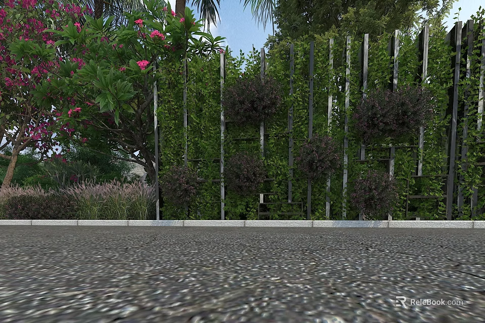 Garden Landscape with Green Fence Planted Bushes and Pink Flower Tree on Gravel Ground 3d model 