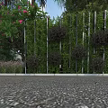 Garden Landscape with Green Fence Planted Bushes and Pink Flower Tree on Gravel Ground