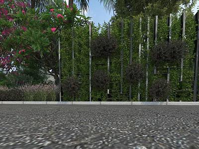 Garden Landscape with Green Fence Planted Bushes and Pink Flower Tree on Gravel Ground 3d model