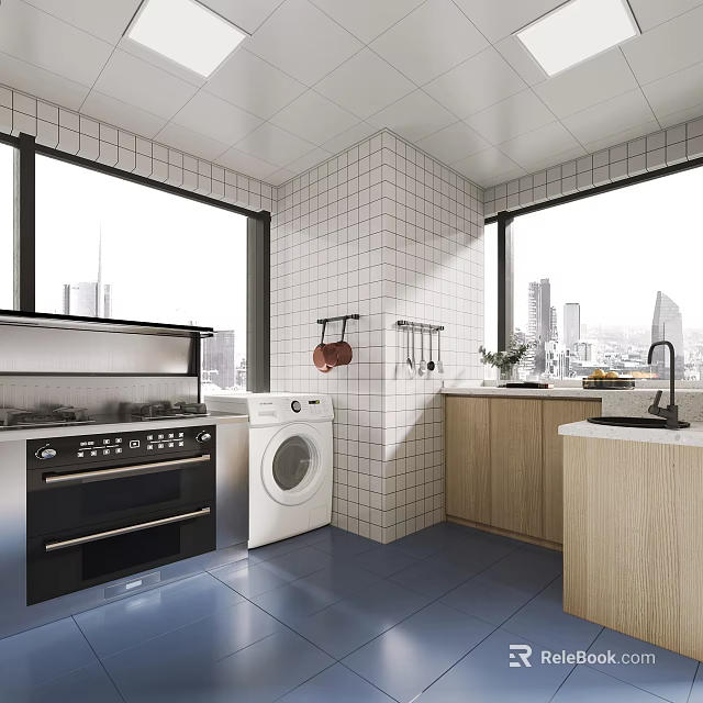 Modern Kitchen Interior With White Tile Walls Large Windows City View And Wooden Cabinets 3d model 