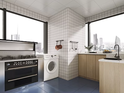Modern Kitchen Interior With White Tile Walls Large Windows City View And Wooden Cabinets 3d model