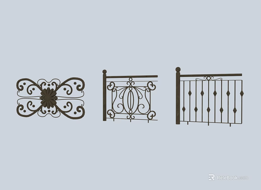 Ornate Iron Fence With Decorative Patterns And Three Design Styles 3d model
