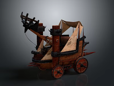 Ancient Military War Vehicle Featuring Wooden Catapult Mechanism Red Wheels And Canvas Canopy 3d model